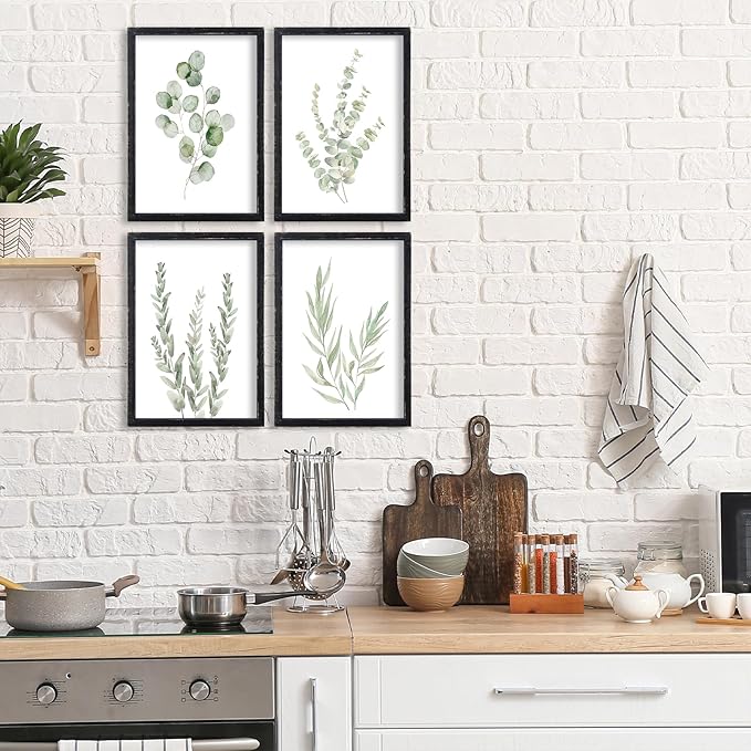 Botanical Wall Decor Sign 16x11 Inch Set of 4 Sage Green Plants Wood Framed For Bathroom Modren Bedroom Aesthetic Watercolor Laundry Room Art Wall Hanging (Black)