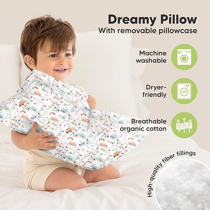 Toddler Pillow with Pillowcase - 13x18 My Little Dreamy Kids Travel Bed Pillows for Sleeping, Organic Cotton Small Pillowcase, Soft & Breathable, Machine Washable, Toddlers 2-5 years old (Roadway)