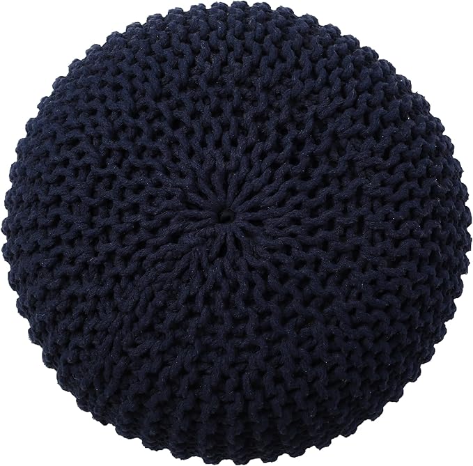 REDEARTH · Round Pouf Foot Stool Bean Bag Ottoman - Cable Knitted Cord Boho Pouffe - Poof Accent Bean Bag - Handmade by Artisans for Living Room - Bedroom (19.5"x19.5"x14") - Navy Blue