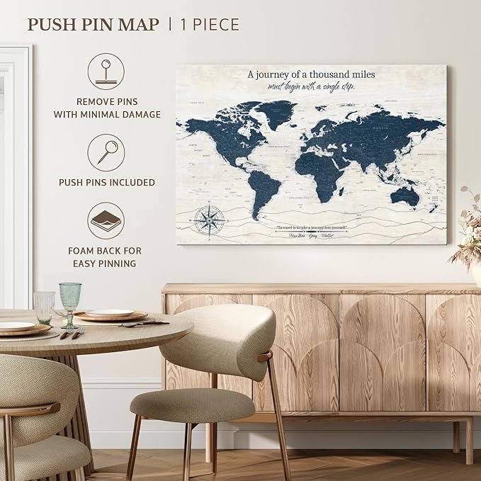ElephantStock - A Journey I Push Pin World Map Wall Art - Horizontal Canvas Wall Art - Living Room Wall Decor - Digital Art Map Canvas Art - Blue And Beige Decor - 45" x 30"