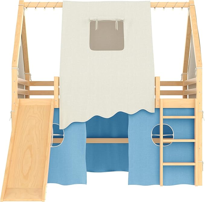 Playhouse Design Full Size Loft Bed with Slide & Tent, Solid Wood Tent Bed Frame for Kids Boys Girls, Versatile Spacious Under Bed Space, Chic Design with Lights (Natural+Blue-Full)