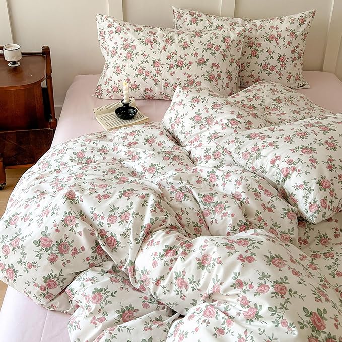 HighBuy Aesthetic Floral Duvet Cover Queen Size 3 Piece Soft Cotton Pink Floral Bedding Set Queen,Garden Coquette Comforter Cover Breathable,Boho Beige Duvet Cover Queen,2 Pillowcases