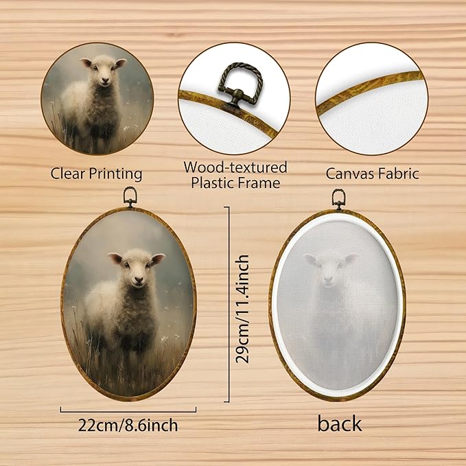 Hiuwevt Vintage Sheep Oval Wall Art Decor, Neutral Cottagecore Lamb Framed Canvas Prints, Rustic Farmhouse Animal Oval Wall Hanging Decor for Farm Home Bedroom Decorations, 8.6x11.4 Inches