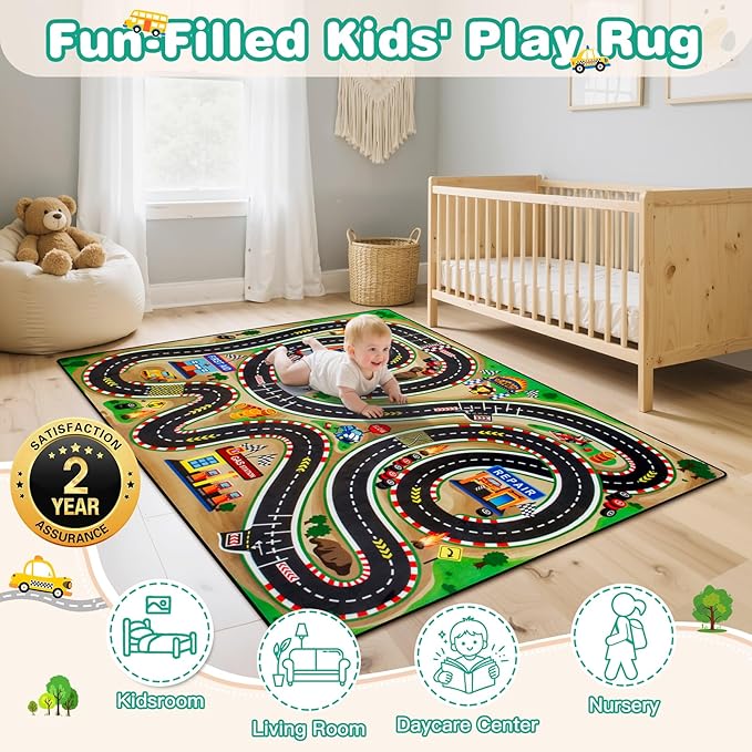 Kids Rug, Race Track Baby Play Mats, 5x7 FT Kids Rug for Playroom,Extra Thick (0.4in) Realistic 3D Cascading Surround Route, Great for Playing with Cars and Toys, Non-Slip Car Carpet