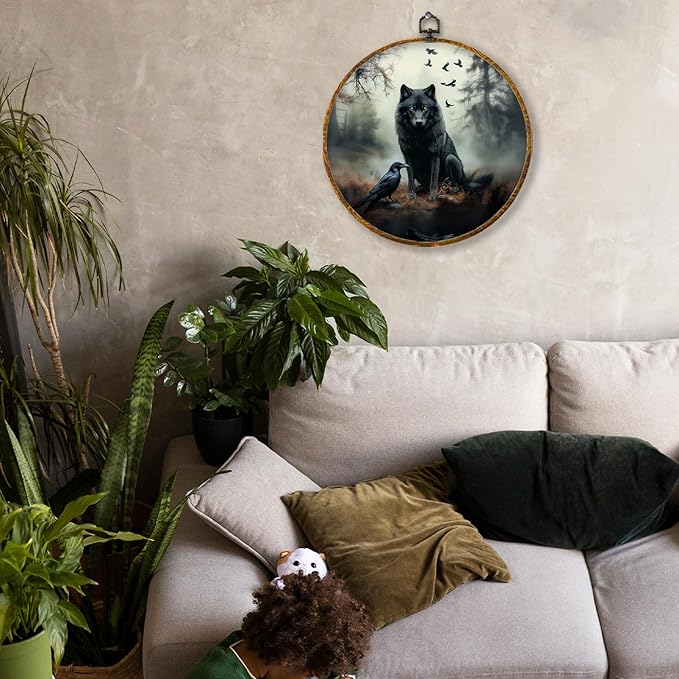 Hiuwevt Dark Academia Misty Black Wolf Raven Round Wall Art Decor, Mystical Gothic Framed Canvas Prints, Moody Wildlife Animal Round Wall Hanging Decor for Bedroom Home Decorations, 10x10 Inches