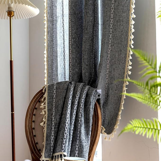 Deeprove Sheer Boho Curtains 63 inches Length for Cafe Closet Kitchen, Vintage Bohemian Embroidery Farmhouse Light Filter Privacy Country Tassel Window Treatments, W52 x L63,Dark Coal Grey 1 Panel