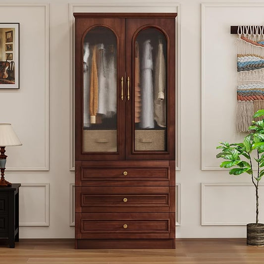 Solid Wood Wardrobe Closet:TemkTuek 70.87" Armoire,Clothing Storage Cabinet with Drawers,Doors,Hanging Railsand Shelves,Vintage Freestanding,Bedroom,Cherry Finish(21)