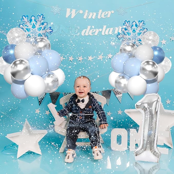 Winter Onederland Party Decorations, Winter Onederland 1st Birthday For Boy,Blue First Birthday Decorations For Boy With Blue White Balloons, Snowflake Balloons, Number 1 Balloon And Banner