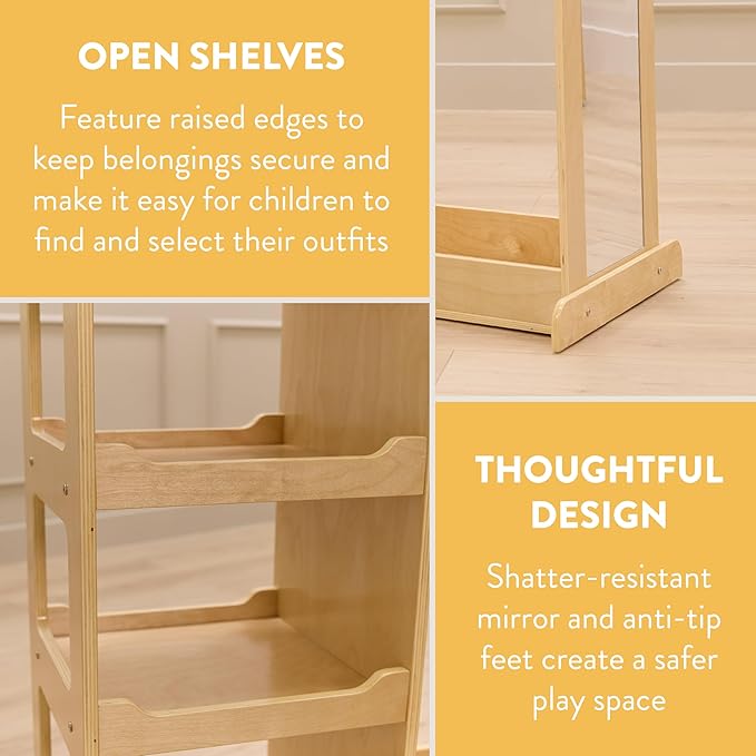 Double-Sided Dress-Up Center with Mirror, Clothes Rack, Natural