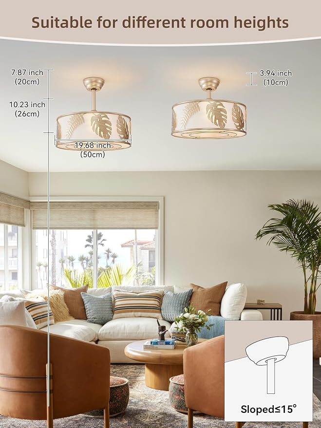 20" Gold Caged Ceiling Fans with Lights, Gold Fandelier Ceiling Fan with Light Remote Control, Bladeless Caged with 6 Speeds for Bedroom, Nursery, Living Room