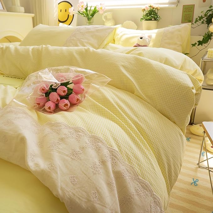 LifeTB Yellow Gingham Duvet Cover Twin 3 Pieces Romantic Lace Comforter Cover Soft Microfiber Cream Yellow Grid Duvet Cover Farmhouse Plaid Checkered Comforter Cover Grid Gingham Bedding Set