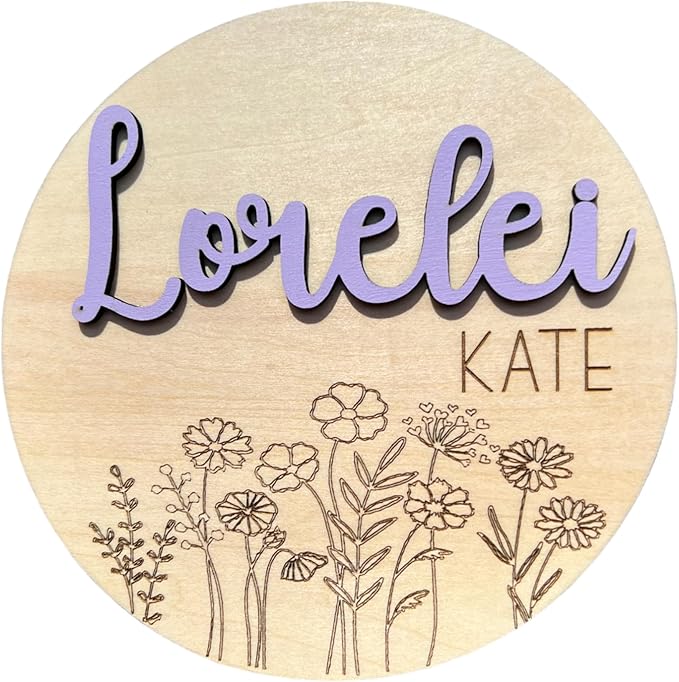 Personalized Baby Girl Floral Engraved Birth Announcement Name Sign, Baby Name Reveal, Sign for Hospital, Newborn Photo Prop, 19 Font Options, 30 Colors (Name Sign)