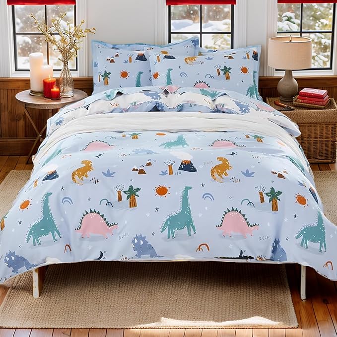 Brandream Boys Duvet Cover Twin/Twin XL Size 100% Percale Cotton 2pcs Kid's Bedding Duvet Cover Shams Set, Fun Dinosaur Print Reversible Blue Cream Beige Soft and Breathable