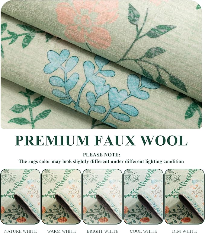 YIHOUSE Green Floral Print Rugs, Moroccan Trellis 9x12 Washable Large Rug, Modern Pastel Non Slip Ultra-Thin Area Rug for Classroom, Nursery Playroom,Dorm,Bedroom,Living Room, Green Multi