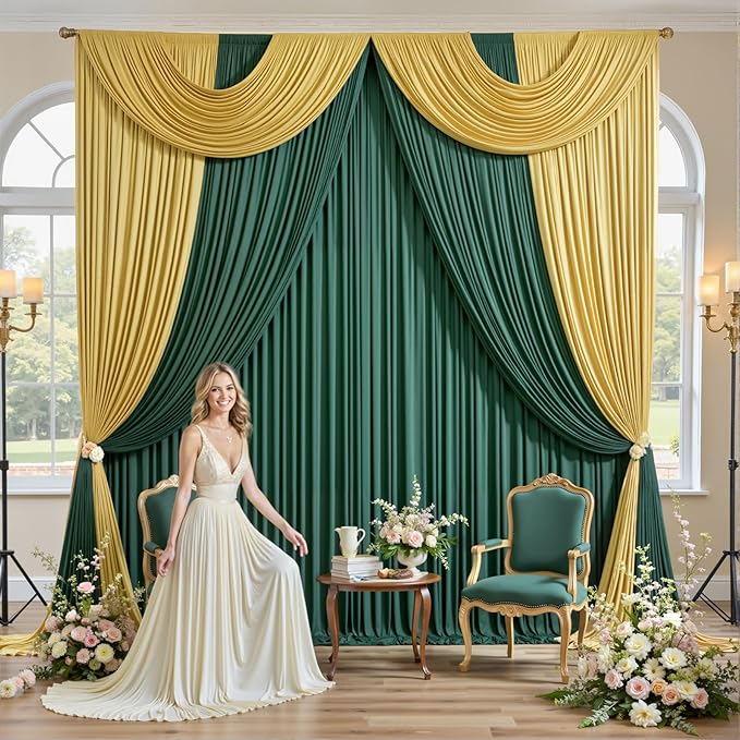 10×12ft Wrinkle Free Hunter Green Backdrop Curtain for Wedding Parties, 2 Panels 5×12ft Long Soft Silky Polyester Backdrop Drapes Photo Back Drop Curtains for Jungle Party Photography Background Cloth