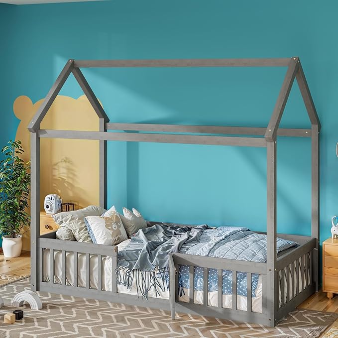 Merax Wooden House Bed, Floor Bedframe with Fence and Door,Full Guardrail, Twin Size, Grey