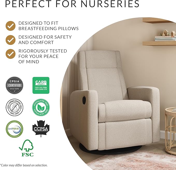Jaymar Nelly Modern Nursery Glider Recliner Chair – Cozy Nursing Chair with 360° Swivel for New Parents, Gentle Motion, Compact Design, Lumbar Support – Made in Canada (Charcoal/Nexus Fabric)