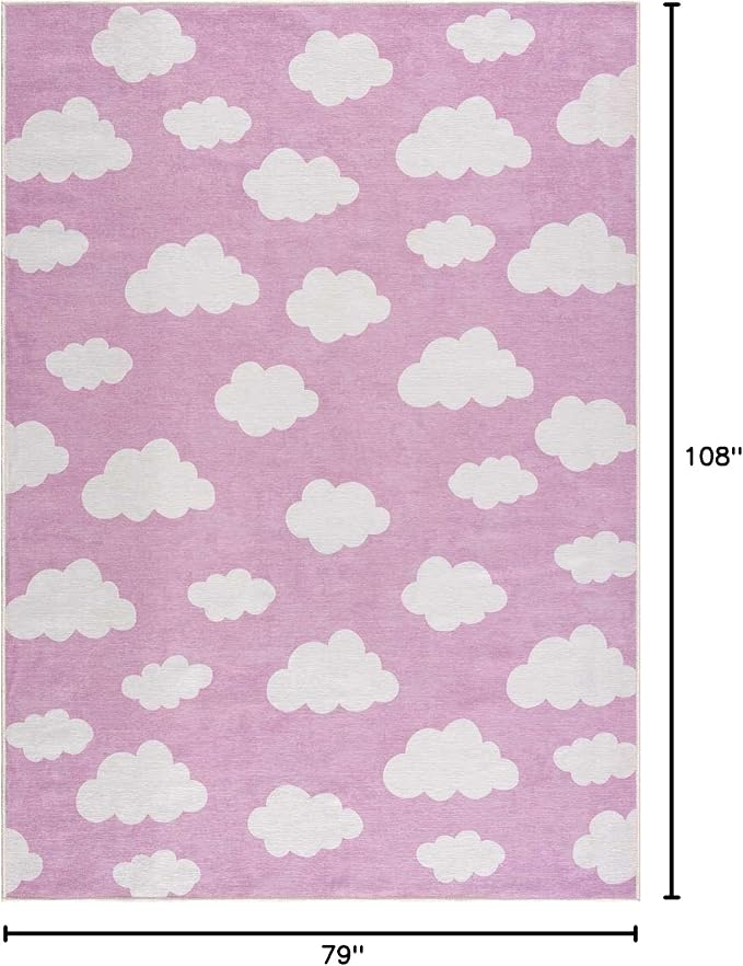 Hauteloom Nizar Girls Room, Nursery Machine Washable Area Rug - Clouds - Pink, Cream - 6'7" x 9'