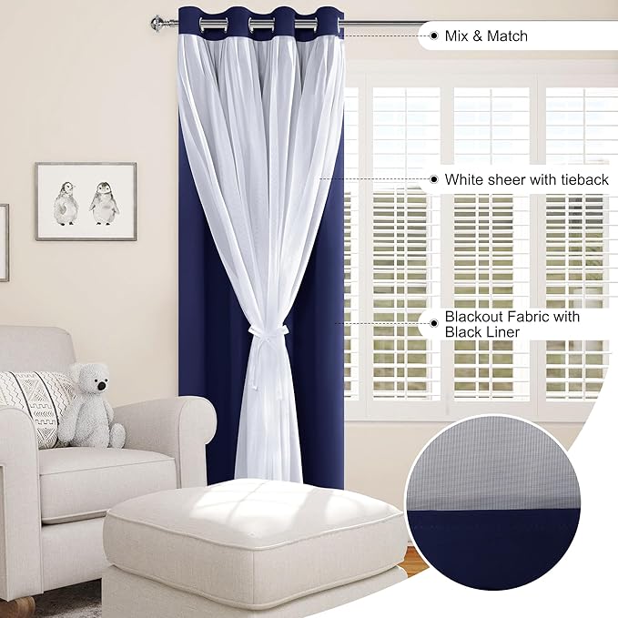 XWZO 100% Blackout Double Layer Curtains, Blackout Curtains with Sheer Overlay for Living Room, Bedroom, Grommet Thermal Insulated Privacy Curtains with Tiebacks, 2 Panels, 52x96, Navy Blue