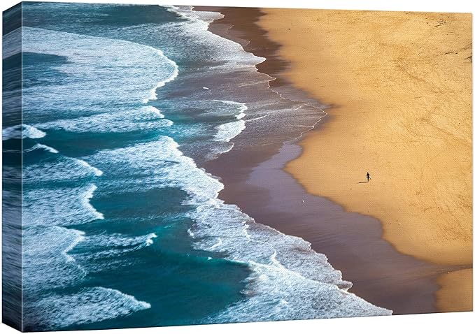 SIGNWIN Canvas Wall Art Serene Ocean Shoreline Aerial Beach View with Rolling Waves and Lone Surfer Photography Modern Art Rustic Landscape Relax/Calm for Living Room, Bedroom - 16"x24"