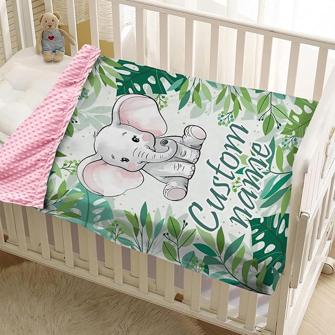 Personalized Baby Blankets for Girls, Custom Name Green Elephant Baby Blanket, Soft Receiving Blanket for Newborns and Toddlers, Ideal for Baby Showers and Nursery Decor