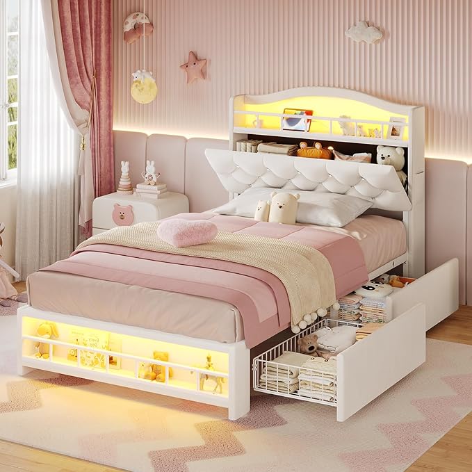 BTHFST Twin Bed Frame with Storage Headboard & 4 Drawers, Girl Upholstered Storage Bed with LED Lights & Charging Station, No Box Spring Needed, Easy Assembly, Beige