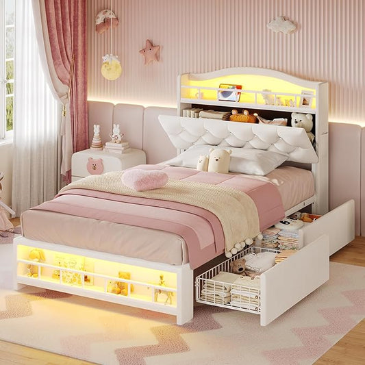 BTHFST Twin Bed Frame with Storage Headboard & 4 Drawers, Girl Upholstered Storage Bed with LED Lights & Charging Station, No Box Spring Needed, Easy Assembly, Beige