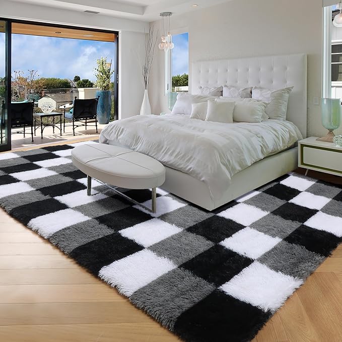 KICMOR Area Rugs for Bedroom Living Room, 4x6 Fluffy Soft Black White Grey Checkered Rug Fuzzy Shag Shaggy Floor Carpet, Indoor Plush Furry Rugs for Kids Boys Girls Room Nursery Playroom Home Decor