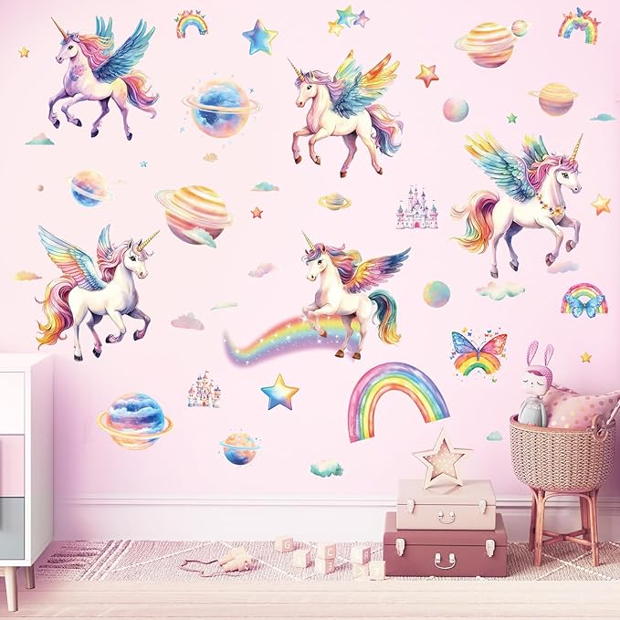 SHUCHING Unicorn Wall Sticker Peel and Stick, Vinyl Rainbow Wall Decal, Wall Decor Art for Girls Bedroom Baby Nursery Playroom