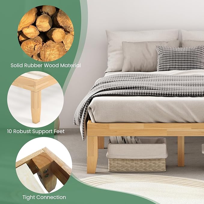 KOMFOTT 14 Inches Wood Platform Bed Frame Full Size, Wooden Mattress Foundation with Rubber Wood Frame, Strong Slats Support, No Box Spring Needed, Bed Frame (Natural)
