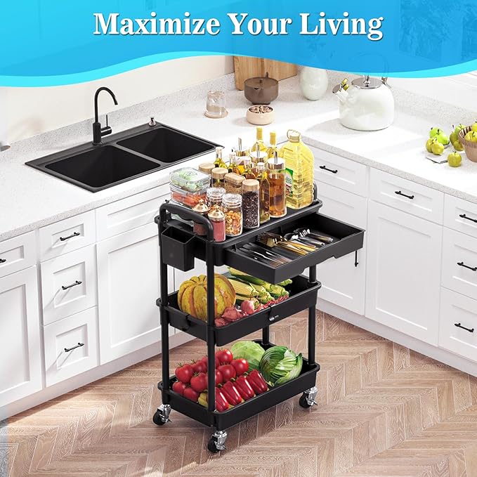 3 Tier Rolling Cart with Drawer, Bathroom Storage Organizer with 2 Lockable Wheels, Multifunctional Rolling Storage Cart for Bathroom, Kitchen, Office, Craft, Makeup, Baby Essentials, Black