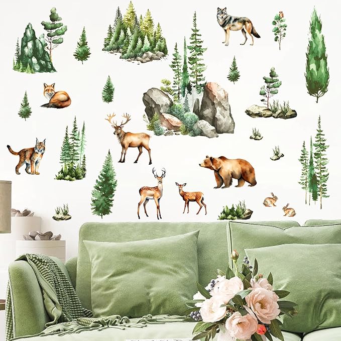 Woodland Animal Window Stickers Clings Watercolor Mountain Animal Tree Wall Decals Green Pine Tree Window Decals Forest Animals Wall Stickers Woodland Window Decoration for Bedroom Living Room