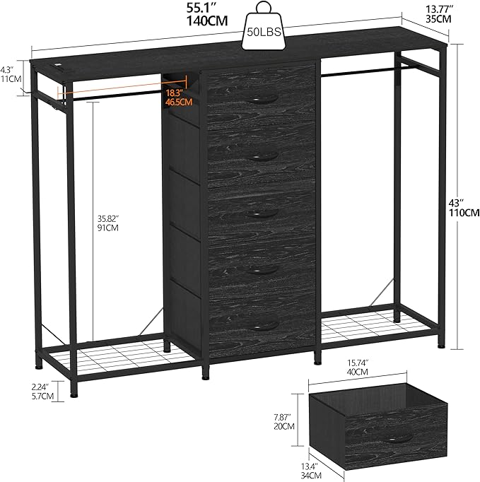 Dresser for Bedroom with Clothes Rack 5 Drawer Dresser with Charging Station LED Lights White Chest of Drawers Flexible Shelf and Open Storage Space for Bedroom Living Room (Charcoal Black)