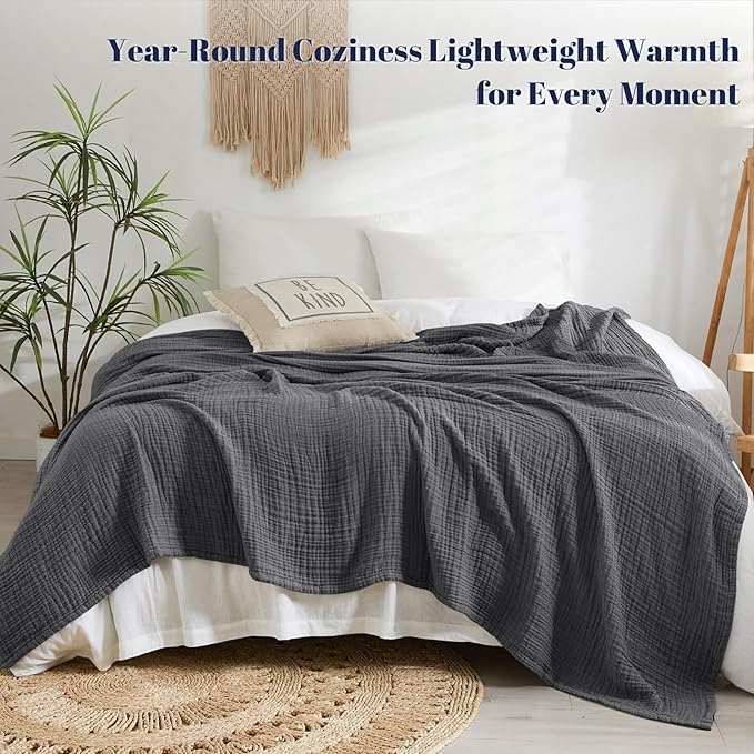 PHF 100% Cotton Muslin Blanket Queen Size 90"x90", 4-Layer Lightweight Gauze Throw, Breathable Cloud-Soft Minimalist Blanket for Bed, Couch, Camping & Baby, Greyish Black, Ideal Gift
