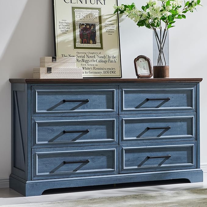 ACCOHOHO Farmhouse 6 Drawer Dresser for Bedroom, 52 Inch Wide Modern Dresser TV Stand with Large Drawers & Bar Handles, Rustic Wood Chest of Drawers for Bedroom, Living Room, Hallway, Blue