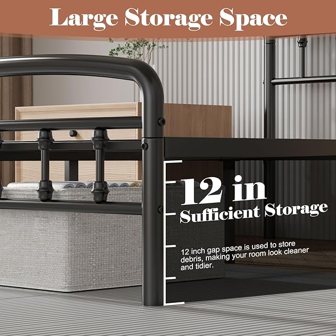 Metal Full Size Bed Frames with Headboard, 1500 Lbs Heavy Duty Bed Frames Noise-Free Design & 12" Underbed Storage,No Box Spring Needed/Tool-Free 30 Mins Assembly