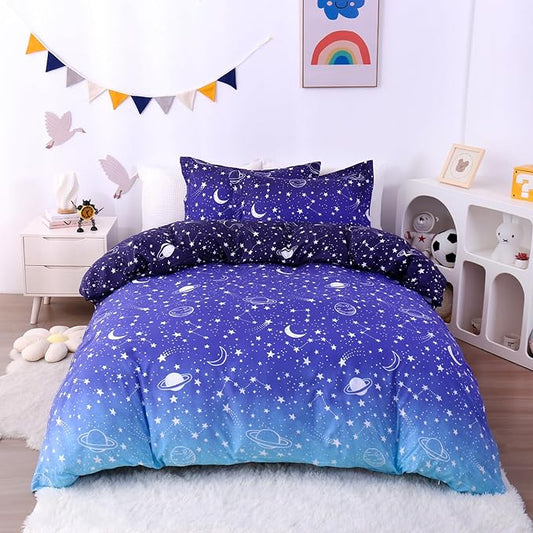 JSD Blue Stars Kids Duvet Cover Set Full Size, 3 Piece Boys Space Theme Microfiber Comforter Cover with Pillow Shams Zipper Closure, Comforter Not Included