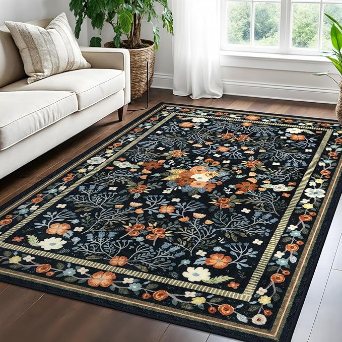 Area Rugs for Living Room 5x7, Washable Non-Slip Thin Floral Vintage Boho Rug for Bedroom Dining Room Office, Non-Slip Rug for Kitchen Indoor Lightweight Carpet, Black/Multi