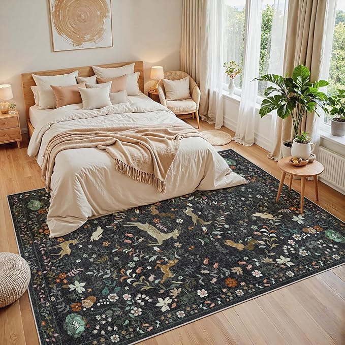 8x10 Area Rugs for Living Room Floral Animal Print Carpet Washable Non-Slip Large Rug Low Pile for Indoor Bedroom Dining Room Nursery Home Office Farmhouse Kids Play Room Black