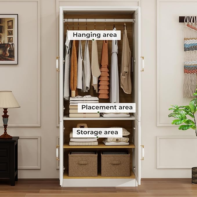 Solid Wood Wardrobe Closet:TemkTuek 70.87" Armoire,Clothing Storage Cabinet with Doors,Shelves and Hanging Rails,Vintage Freestanding,Bedroom,White(18)