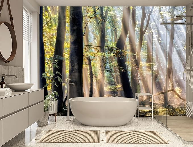 XMPMBM-Sunny Forest Woodland Fabric Wallpaper Misty Tree Living Room Bedroom Bathroom Wall Mural-W 154" X H 105"（112 Square Foot）
