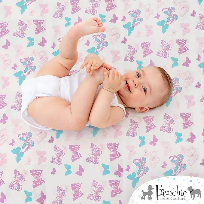 Frenchie Mini Couture, Fitted Crib Sheet Single, 100% Woven Cotton, Toddler Fitted Sheet, Fits Standard Size Baby Mattress 28 x 52 x 8in, Butterfly (White)