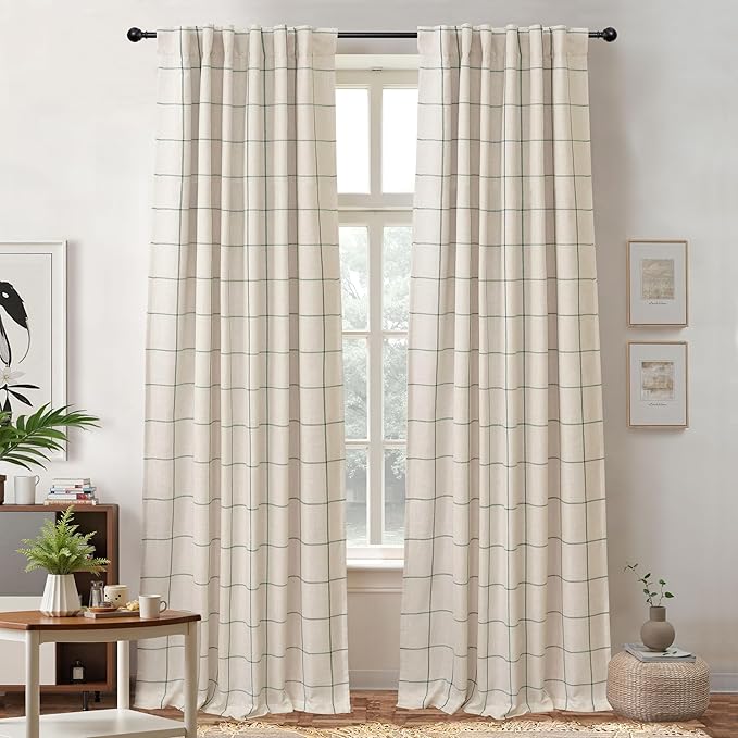 DriftAway 2 Panels 100% Blackout Windowpane Plaid Linen Curtains Double Layer Drapes for Bedroom 96 Inches Long Farmhouse Thermal Insulated 3.25 Inch Rod Pocket Back Tab for Living Room Loden Green