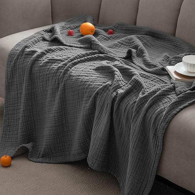 PHF 100% Cotton Muslin Blanket Twin XL Size 66"x90", 4-Layer Lightweight Gauze Throw, Breathable Cloud-Soft Minimalist Blanket for Bed, Couch, Camping & Baby, Greyish Black, Ideal Gift
