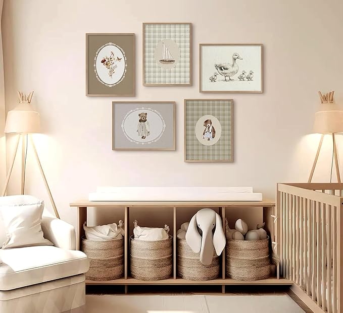 Vintage Nursery Wall Art Kids Room Canvas Wall Decor Animal Pictures Cute Duck and Woodland Bear Posters Neutral Floral and Sailboat Painting Print Artwork for Baby Boy Girl Room Playroom, Unframed
