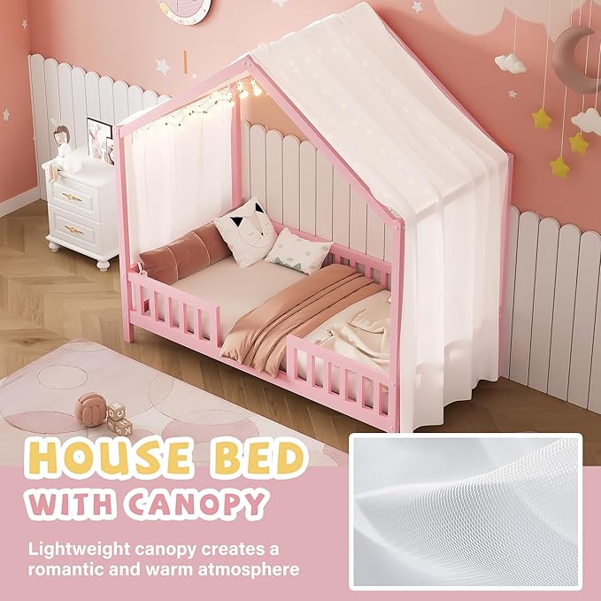 Montessori Floor Bed with Canopy, High Railings and Roof, Twin Size Wood House Bed Frame for Kids Bedroom (Pink/C2)