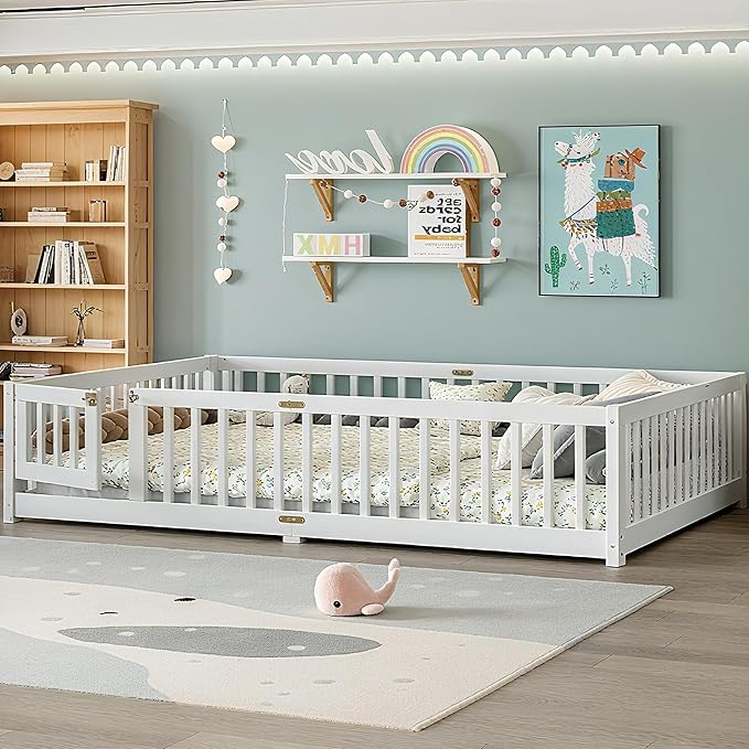 Bellemave Queen Floor Bed Frame with Rails and Door, Solid Wood Montessori Queen Size Floor Bed for Kids, Low Profile Montessori Beds with Removable Slats, White
