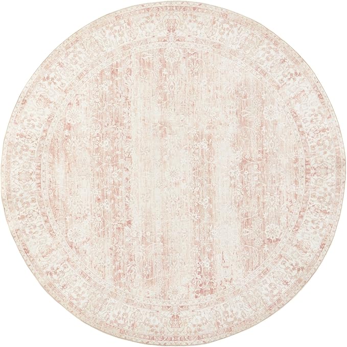 Round Rug 6x6 Feet 6ft Washable Area Rug Vintage Rug Indoor Floor Cover,Floral Print Blush Pink Circle Rug 6' Round Kitchen Living Room Girl Bedroom Dining Room