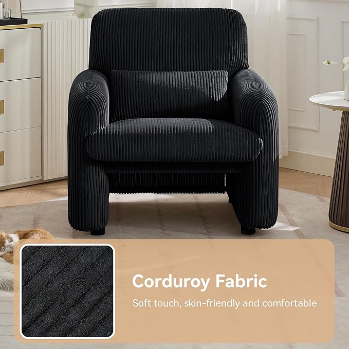 Corduroy Fabric Accent Chair, Modern Upholstered Living Room Chairs with Lumbar Pillow, Wide Comfy Leisure Armchair for Bedroom, Office, Reading, Black