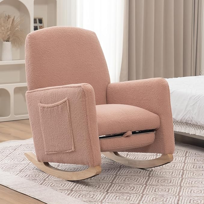 FOXHUNTER Rocking Chair Nursery with Adjustable Footrest and High Backrest, Upholstered Glider Chairs with Side Pockets for Nursery, Rocker Armchair Indoor for Living Room,Pink